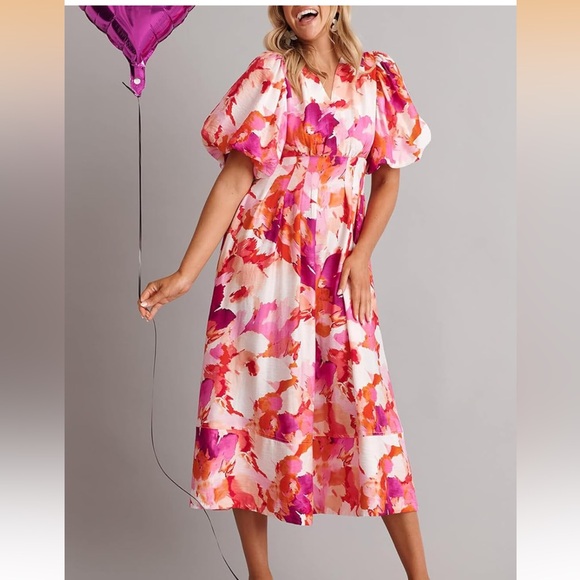 NWT Pink and White Floral Puff Sleeve V Neck High Waist Maxi Dress Size Small - Picture 1 of 15